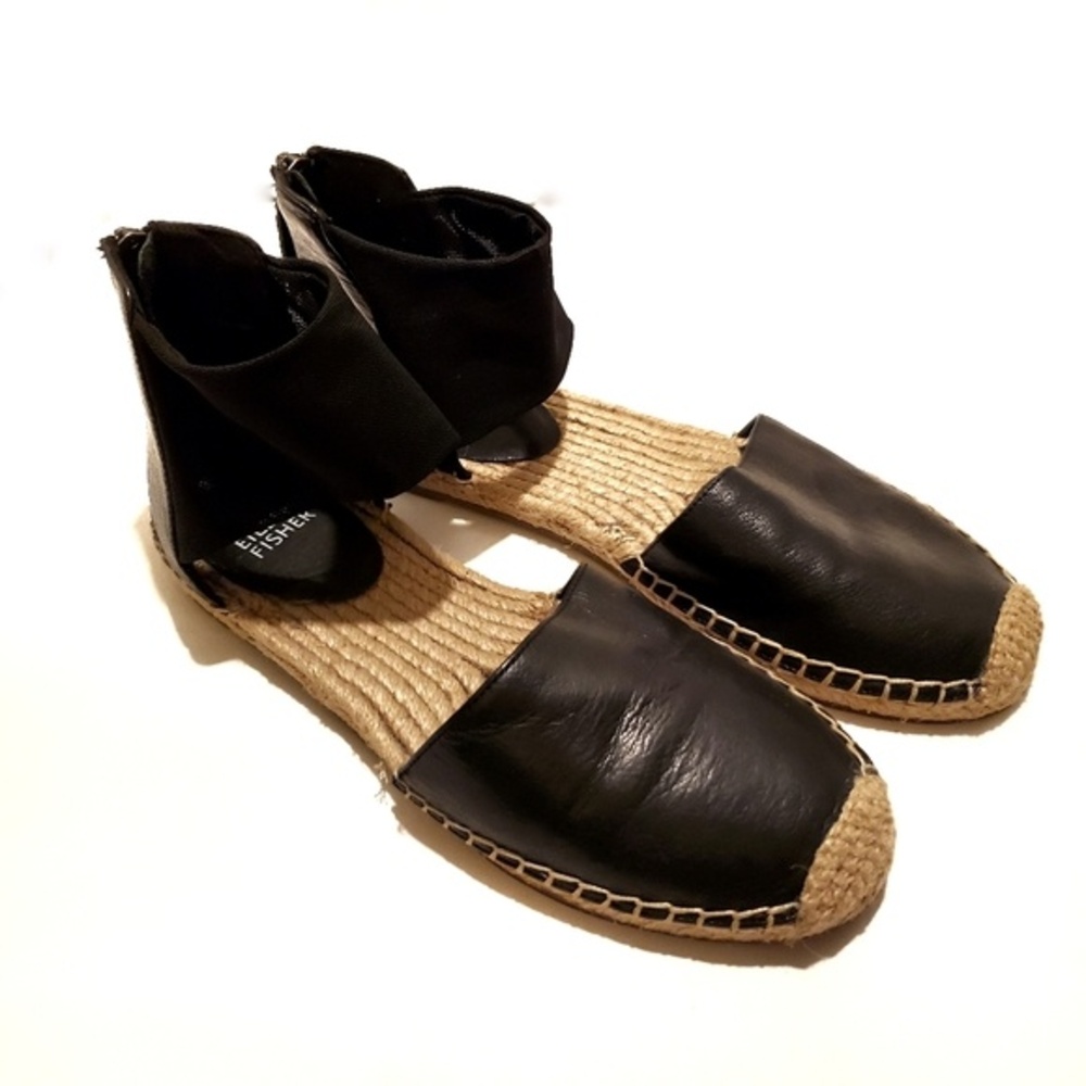 Eileen Fisher Coy Espadrille Flats Black Leather Jute Mesh Ankle Strap Size 6